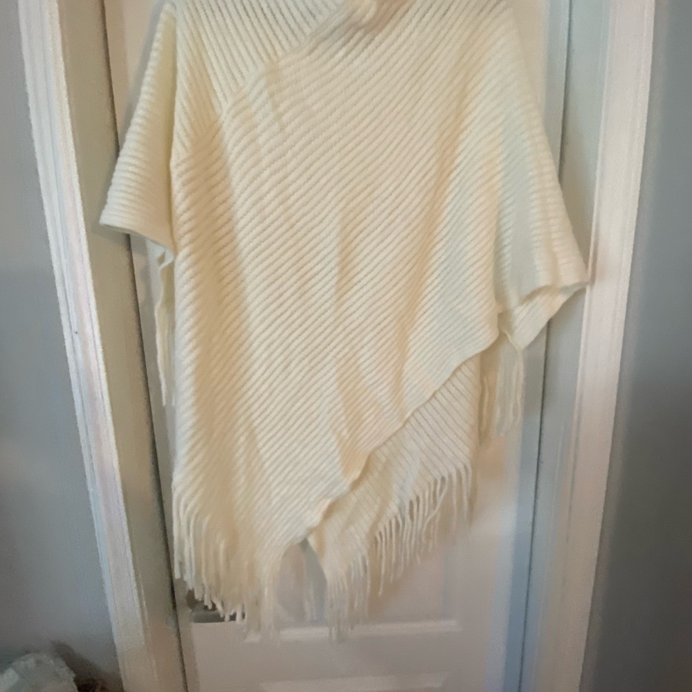 Cream Knit Poncho with Fringe
